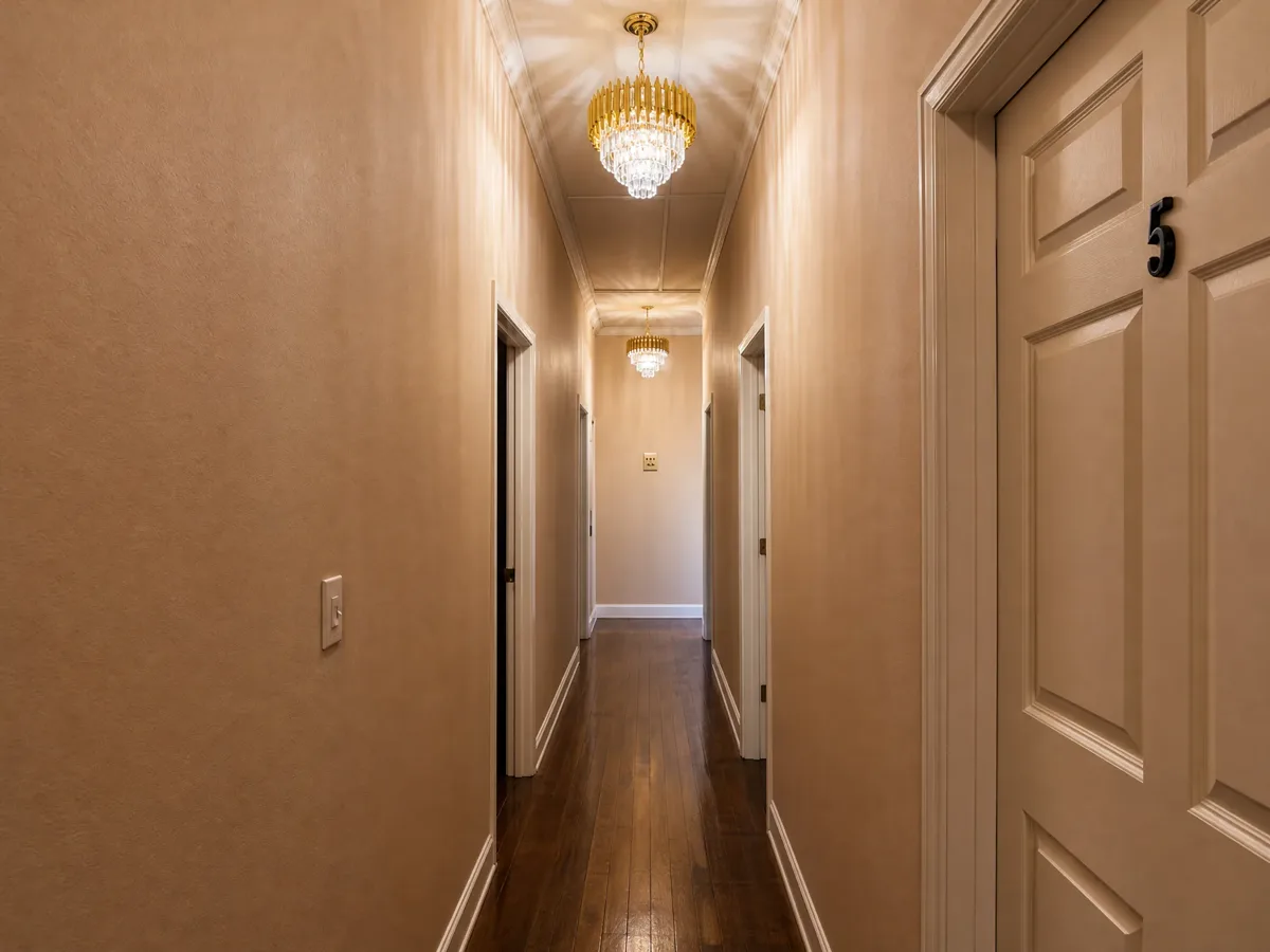 Quiet hallway lit by small crystal chandeliers leading to the private rooms