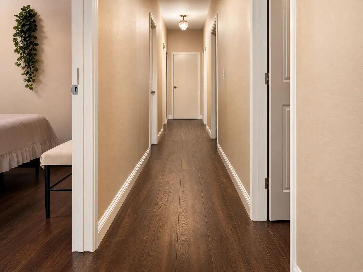Long hallway with dark wood floors and private room doors