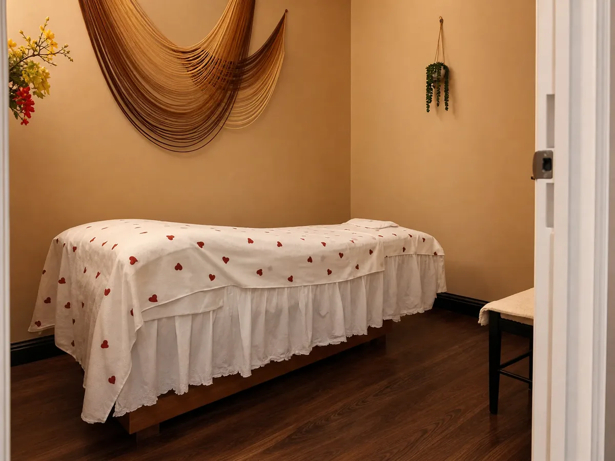 Treatment room with warm wall light and draped wall hanging