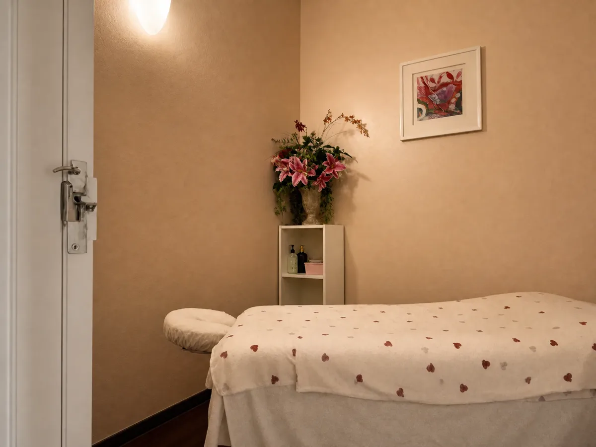 Massage table with face cradle beside a shelf of fresh flowers